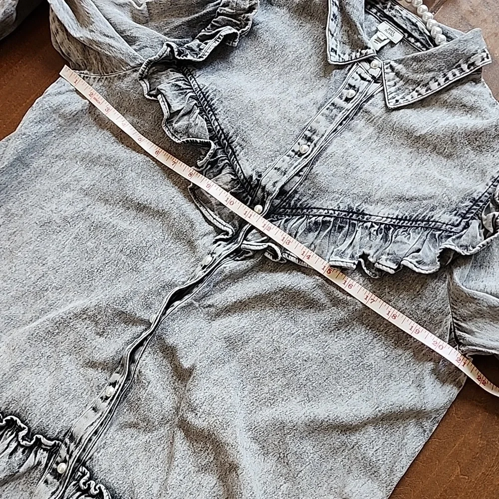 River Island Acid Wash Longsleeve Shirt Dress Pearl Button Down Size 12 - Picture 6 of 11